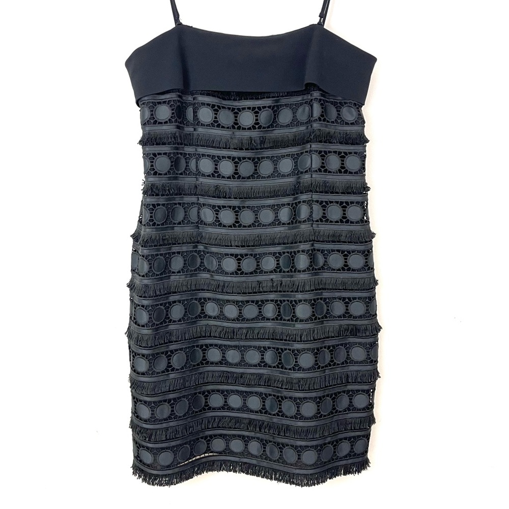 Worth New York Black Sleeveless Lace Fringe Aline Cocktail Formal Dress
